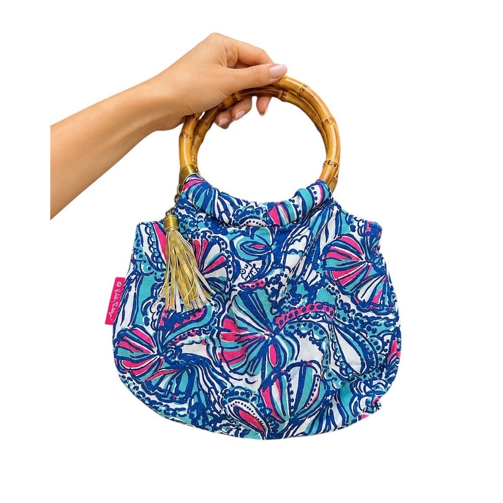 Lilly Pulitzer Bamboo Handle Mini Handbag Blue Pink Paisley Print Tassel Purse